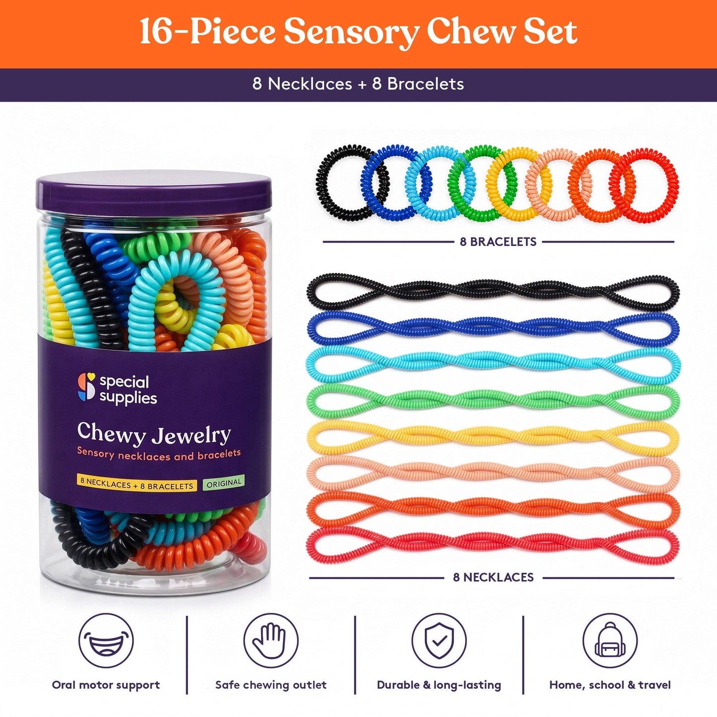 Special Supplies Chewy Jewelry Sensory Necklaces and Bracelets, 16 Pack, Soft and Flexible Silicone, Interactive Stress and Anxiety Relief for Kids, Supports ADD, ADHD, Autism
