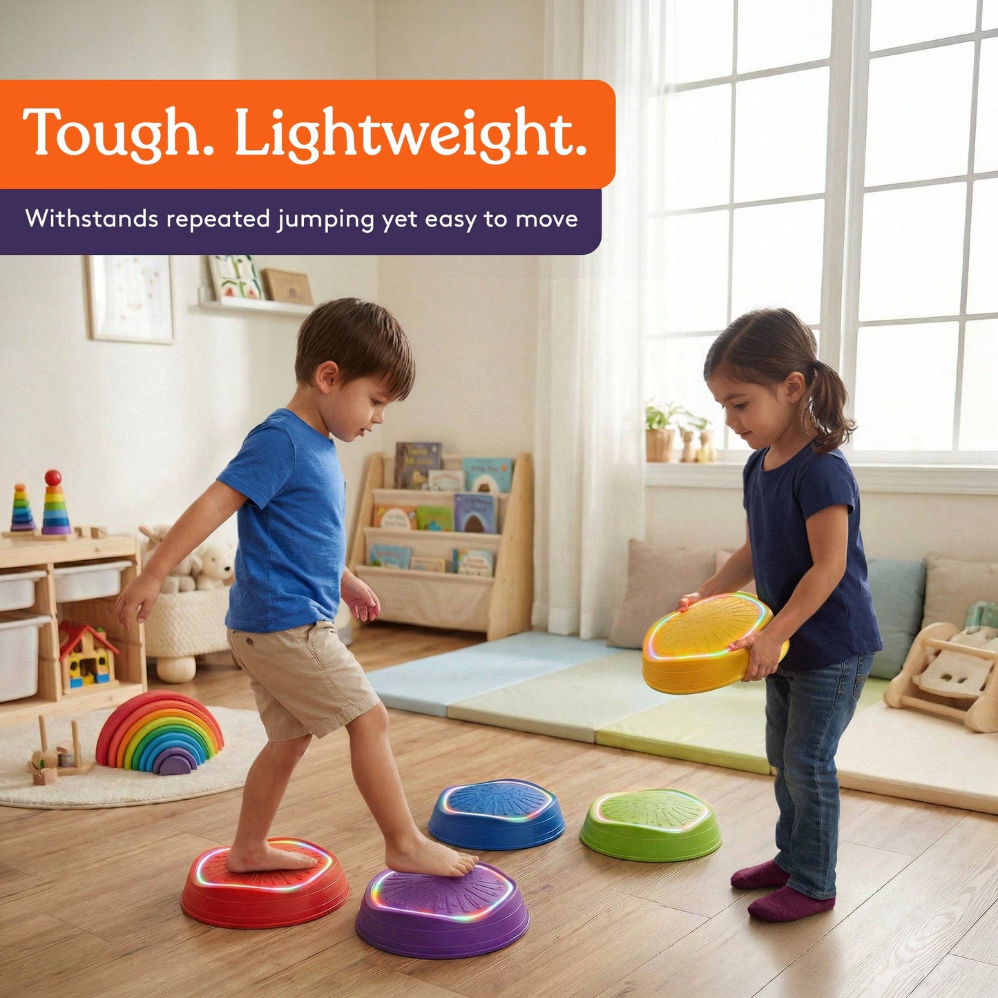 Special Supplies Musical LED Stepping Stones for Kids Balance Blocks Promote Coordination, Balance, Strength Child Safe Rubber, Set of 5