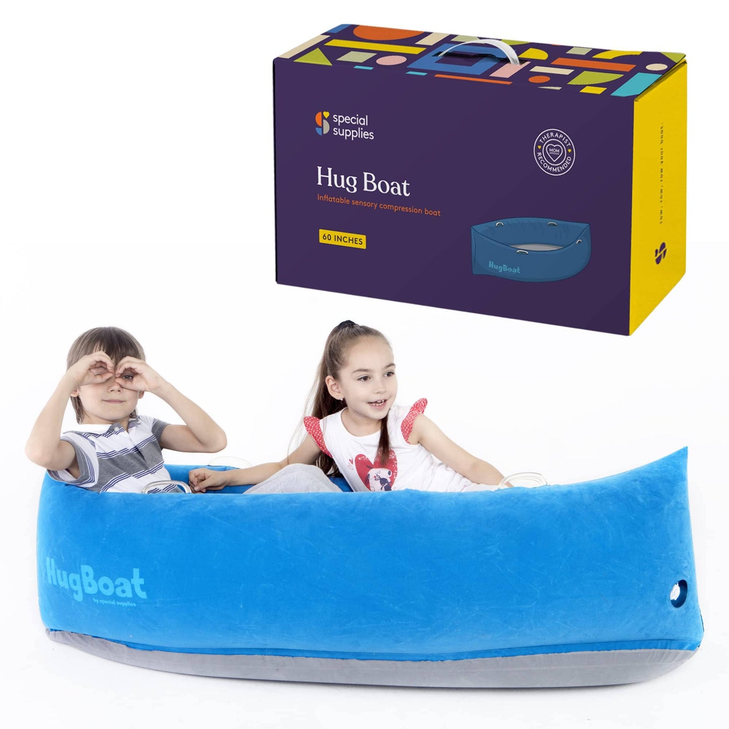 Inflatable HugBoat - Calming Cozy Boat Deep Pressure, Soft Vinyl, Blue 60"